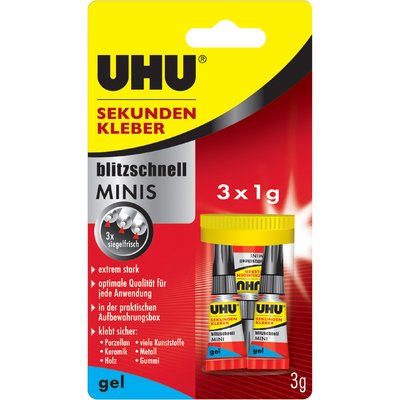 UHU Sekundenkleber blitzschnell MINIS GEL, 3 Tuben à 1 g