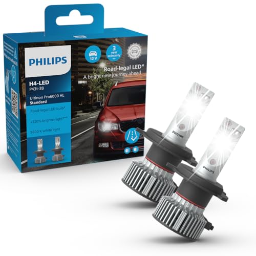 Philips Ultinon Pro6000 Standard H4-Led, Lampadina Led Omologata*, Fino Al 220% Di Luminosità In Più**, 5.800K, Set Di 2