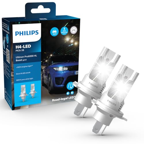Philips Ultinon Pro6000 Boost Gen2 Direct-Fit H4-Led, Lampadina Led Omologata*, Fino Al 300% Di Luminosità In Più**, 5.800K, Set Di 2