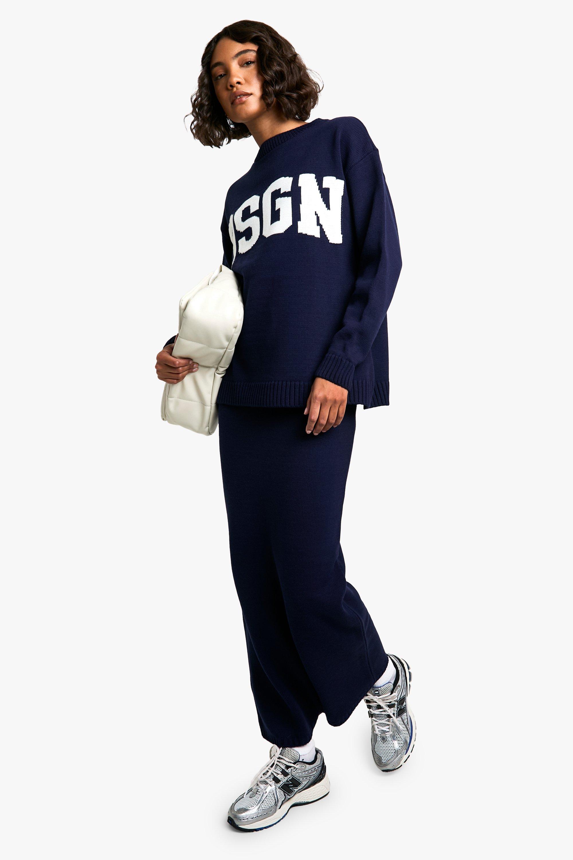 Petite DSGN Crew Neck Knitted Jumper And Maxi Skirt Set, Navy