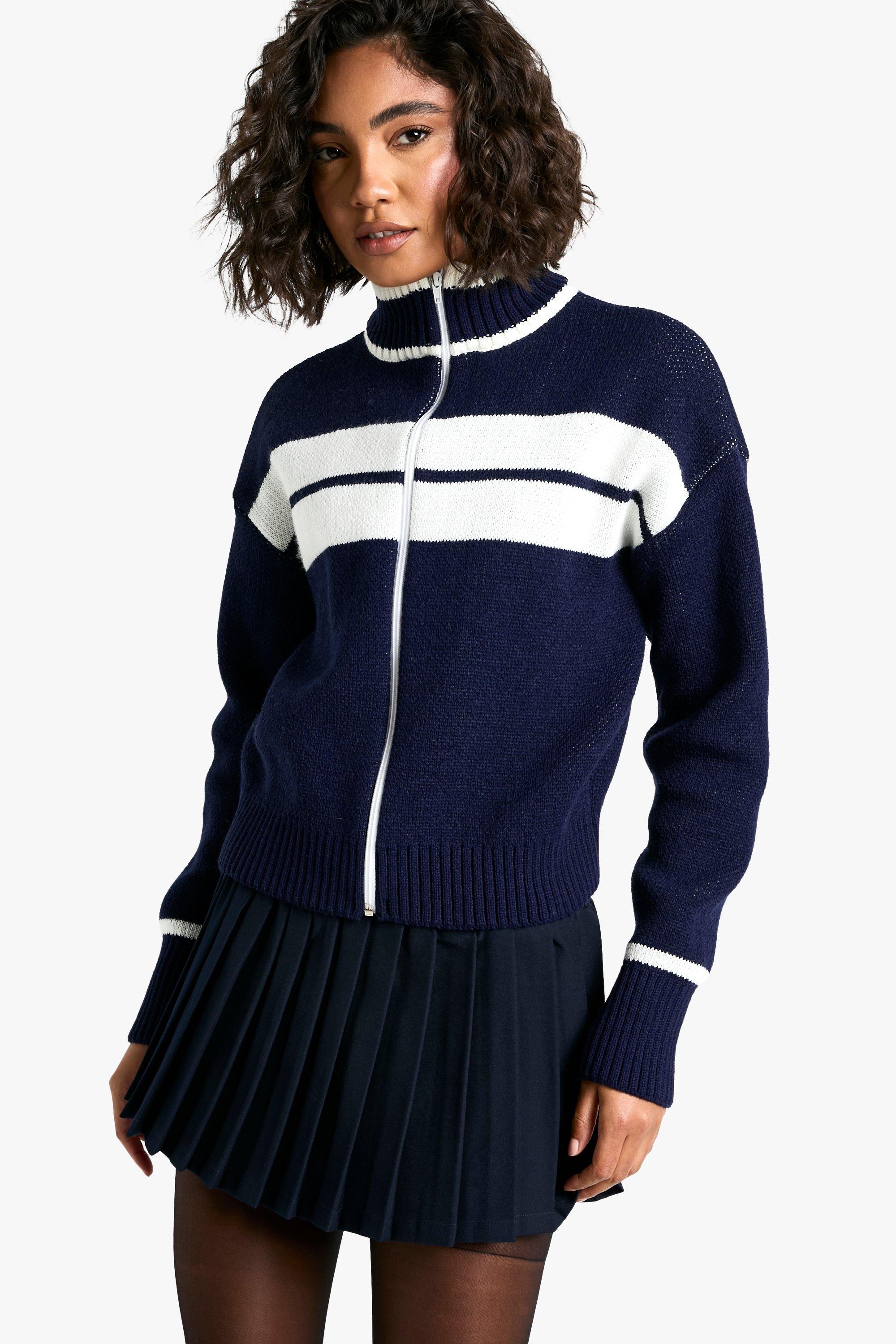 Cardigan Bomber Tall oversize a righe con zip, Navy