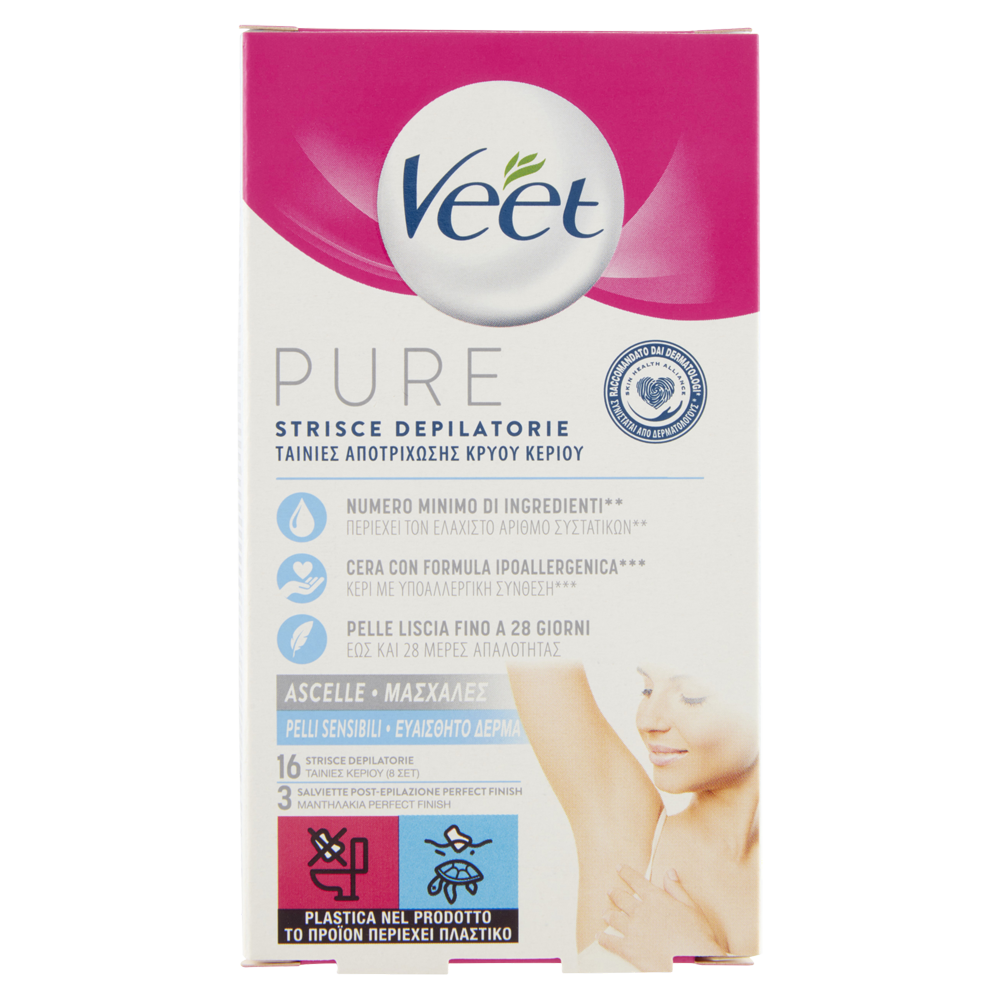Veet Pure Strisce Depilatorie Ascelle 16 Pezzi + Salviette Post-Epilazione Idratanti - -