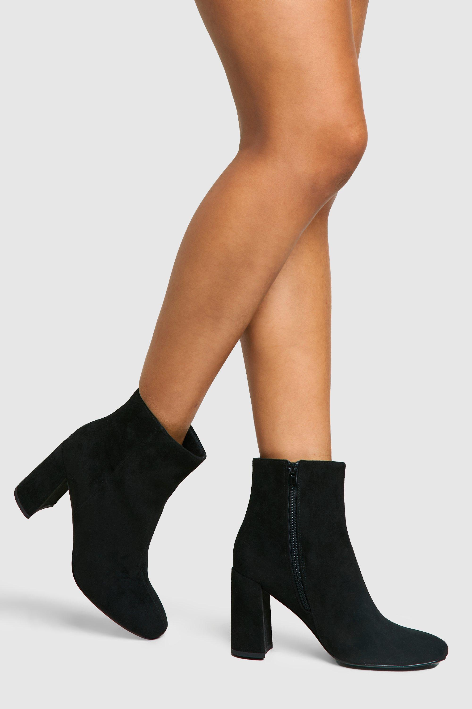 Faux Suede Block Heeled Ankle Boot, Nero