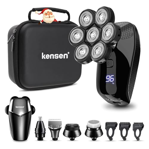 Kensen Rasoio Elettrico Barba, Rasoio Testa Calva 7D, Tagliacapelli Uomo 5 In 1 Kit Impermeabile Con 5 Testine Rotanti Per Capelli Barba Naso Orecchie