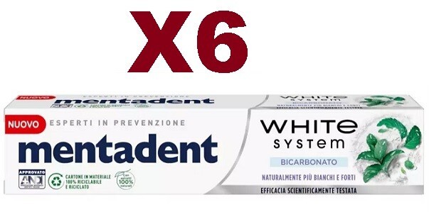 6 PZ MENTADENT WHITE SYSTEM BICARBONATO 75ML DENTIFRICIO DENTI BIANCHI E FORTI