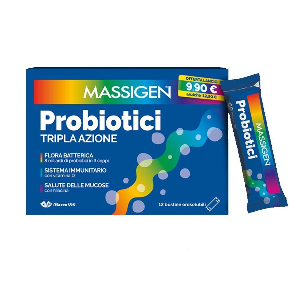 Massigen Probiotici Tripla Azione Integratore di Fermenti Lattici, 12 Stickpack