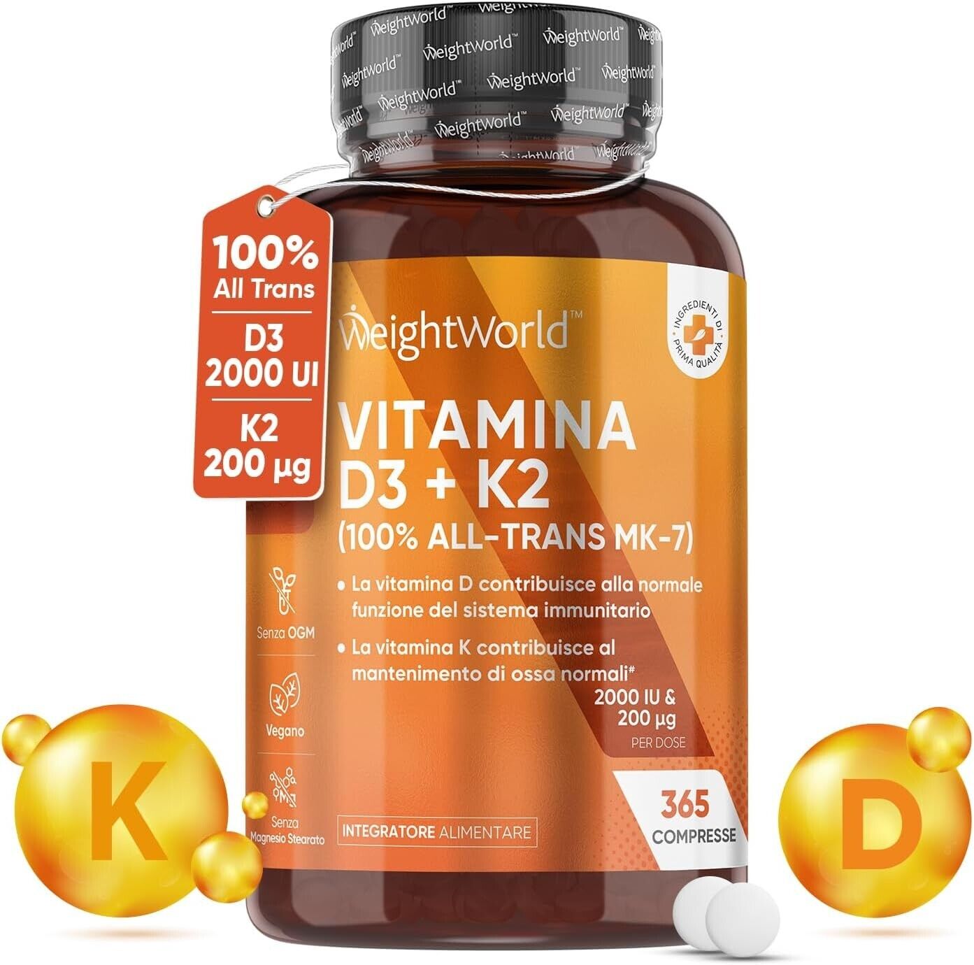 Vitamina D3 K2, Vitamina D 2000 UI + 200μg Vitamina K2 MK7, 365 Compresse