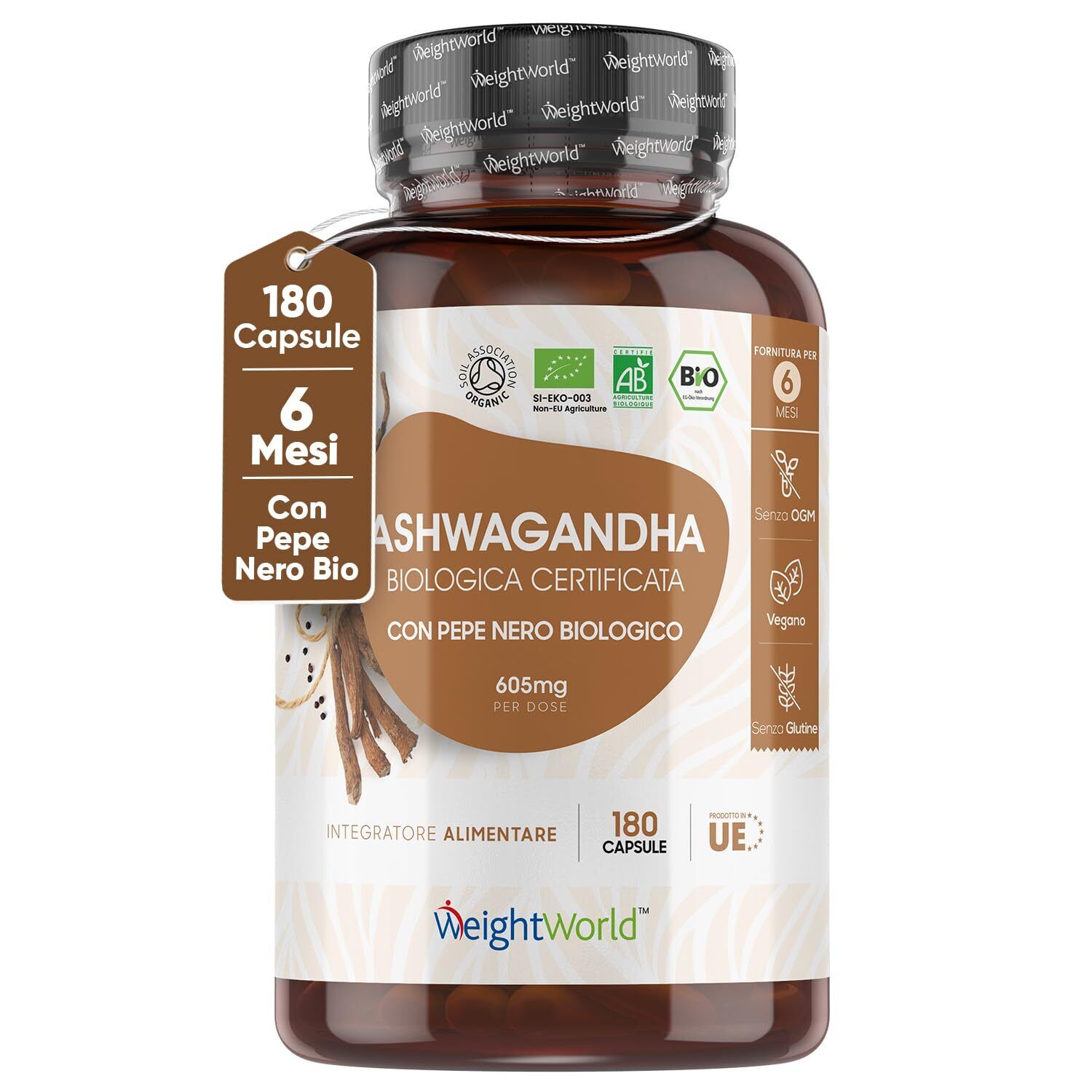 Ashwagandha Bio e Pepe Nero 180 Ashwagandha Capsule 6 Mesi Ashwagandha Alto D...