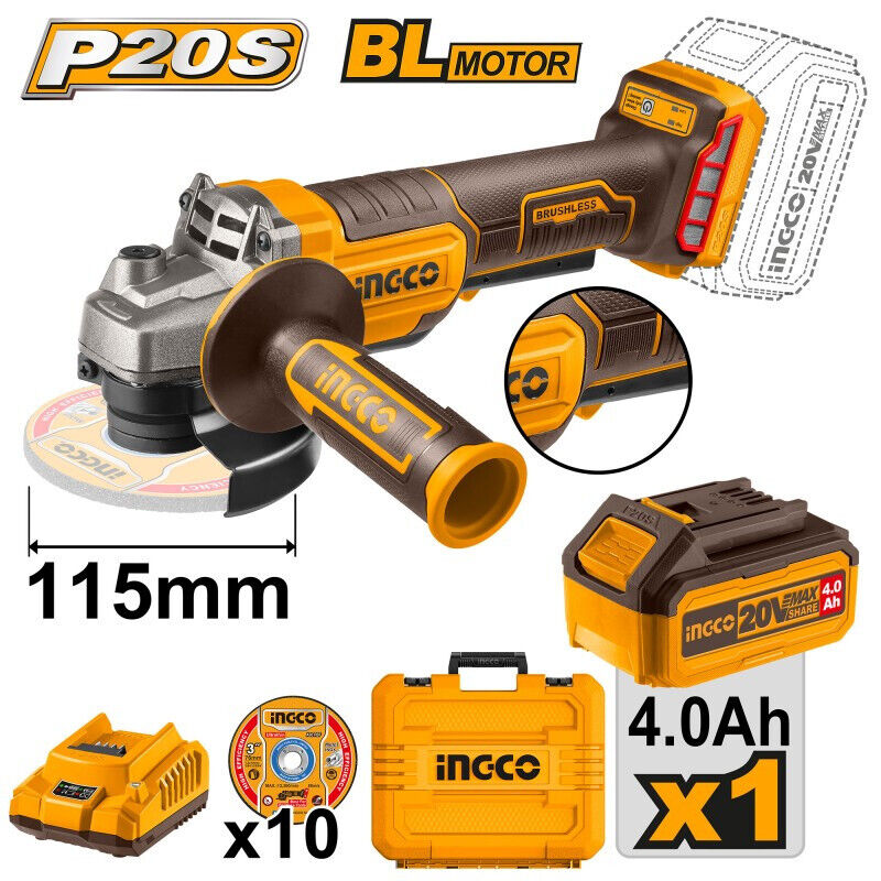 Smerigliatrice Brushless Batteria INGCO Lleva +1 Batt 4Ah+ 10 dischi + Valigetta