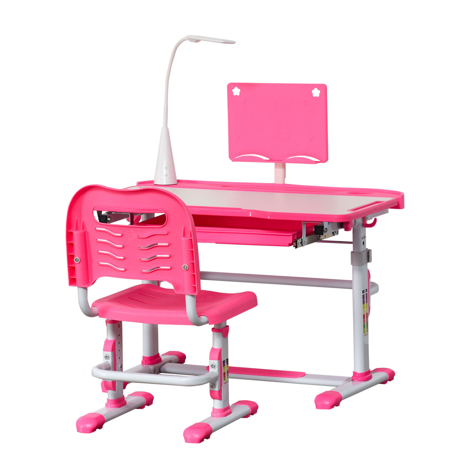 HOMCOM Set Banco Scuola per Bambini con Sedia Regolabile, Cassetto e Luce Rosa