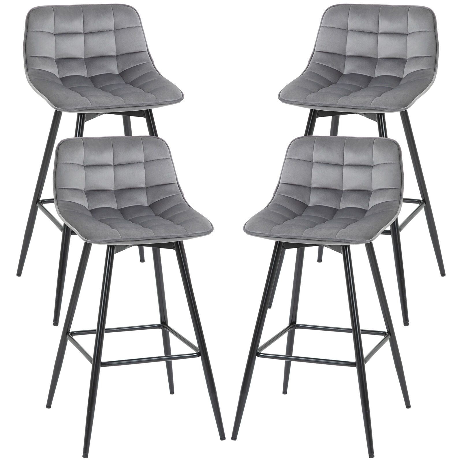 HOMCOM Set 4 Sedie Imbottite Alte Sgabelli da Bar Stile Nordico Velluto Grigio