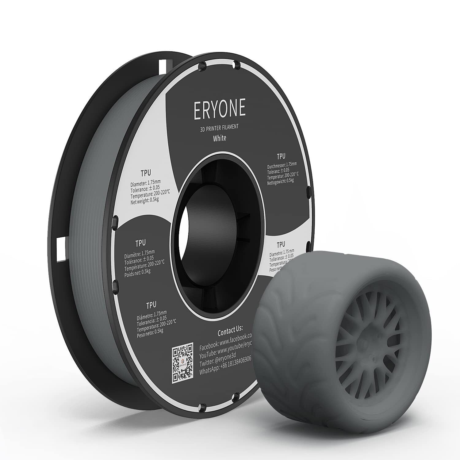 ERYONE TPU Filament 1.75mm 3D Drucker Filament TPU 0.5kg 1 Spool -0.05mm 95A ...