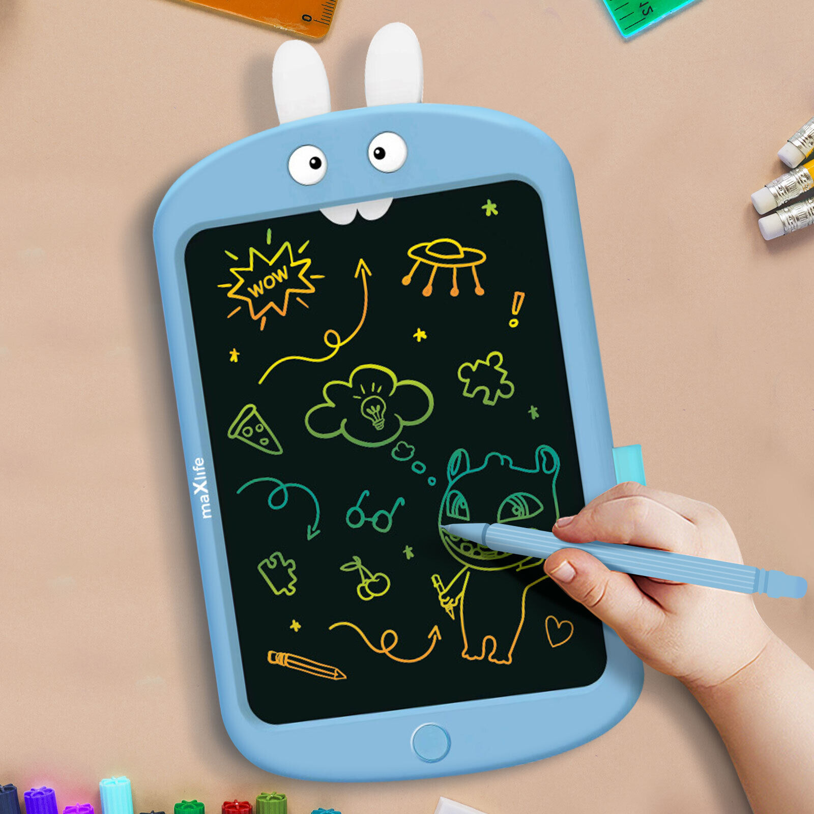 Maxlife, Lavagnetta per bambini con penna e funzione di blocco, Blu