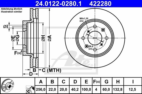 ATE 24.0122-0280.1 - Disco freno singolo anteriore ventilato 422280