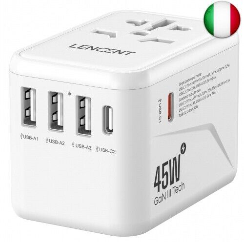 LENCENT Adattatore Universale da Viaggio, GaN III 45W Adattatore Caricatore USB
