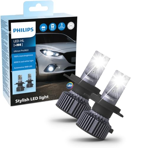 Philips Ultinon Pro3022 Led Lampadina Fari Auto (H4), +100%, Luce Bianca Fredda Da 6.000K, Confezione Doppia