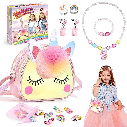 Gifitizi Unicorno Bambina Regalo 2-5Anni, Unicorno Regalo Peluche Borsetta Bambina Set Regalo 1-9 Anni Giochi Bambina Accessori Capelli Bambina Borset