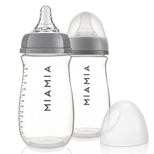 Miamia Biberon Anticolica 2 Pezzi Da 260Ml - Biberon Anticolica 0-6 Mesi, Taglia S - Set Biberon In Pp Con Tettarella In Silicone - Grigio/Trasparente