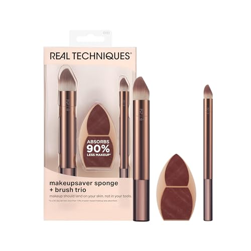 Real Techniques Makeupsaver - Spugna + Trio Di Pennelli, Spugna E Pennelli Per Formulazioni Liquide E Creme, Imita L'Applicazione Delle Dita E Riduce