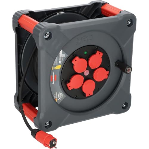 Brennenstuhl Avvolgicavo Professionale Per Cantiere, Ka 5100 5 Ip44 (Cavo 50 M H07Rn-F 3G1,5 In Nero, 5 Prese Di Sicurezza, Uso In Cantiere E Uso Este