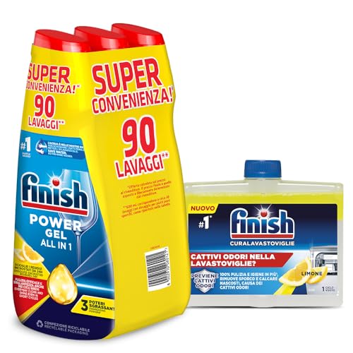 Finish Kit Lavastoviglie; Finish Powergel Detersivo Lavastoviglie Lemon 90 Lavaggi, Curalavastoviglie Limone 250Ml
