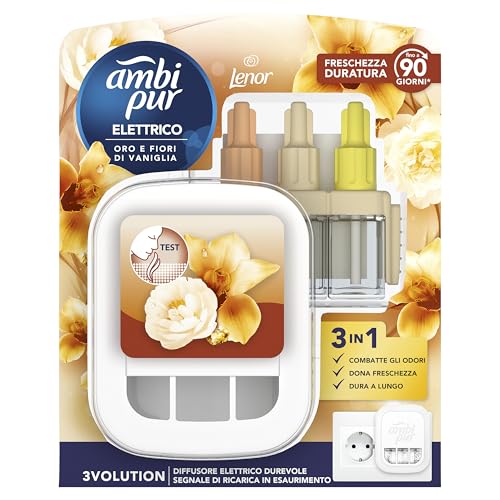 Ambi Pur 3Volution Profumatore Per Ambienti, 1 Diffusore Elettrico Ambiente E 4 Ricariche, Fragranza Oro E Fiori, Teconologia Elimina Odori, Fino A 90