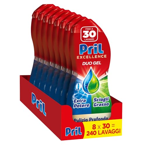 Pril Duo Gel, Detersivo Lavastoviglie Gel, Azione Sciogligrasso, Formato Da 8 Confezioni Da 30 Lavaggi, 240 Lavaggi