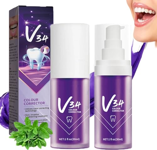 Dentifricio Viola Sbiancante,2Pcs V34 Dentifricio Viola,Dentifricio Sbiancante Viola,Dentifricio Correttore Di Colore,Correttore Colore Denti,Sbiancan