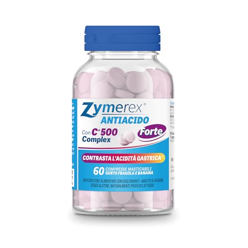Zymerex Antiacido | 60 Compresse Masticabili | Contrasta Acidità Gastrica | Azione Forte | Gusto Fragola E Banana | Senza Glutine E Lattosio | Adatto