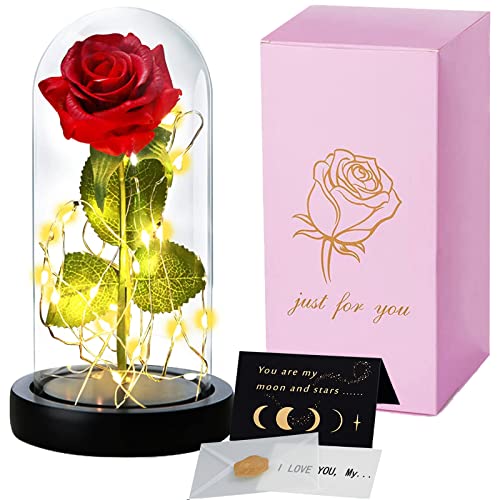 Twbest La Bella E La Bestia Rosa Eterna,Rosa Bella E La Bestia Con Luce A Led Con 1 Biglietto Di Auguri,Romantico Kit Di Rose Per Il San Valentino Ann