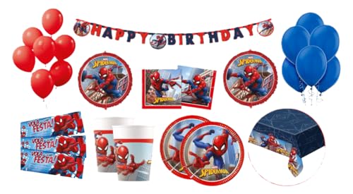 Bigiemme Kit Compleanno Spiderman 96Pz E 24 Bicchieri, 24 Piatti, 20 Tovaglioli, 20 Inviti, 12 Palloncini Rossi, 12 Palloncini Blu, 2 Palloncini Spide