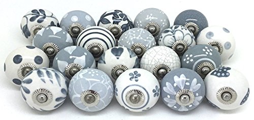 Handicraft India Pomelli Per Cassetti In Ceramica Dipinti A Mano, 20 Pezzi, Grigio E Bianco