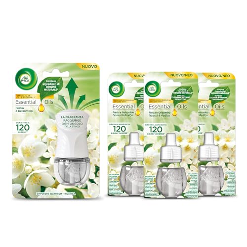 Airwick Kit Diffusore Elettrico Di Oli Essenziali: 1 Diffusore Completo Gadget, 3 Ricariche Alla Fragranza Fresia E Gelsomino, 4X19Ml