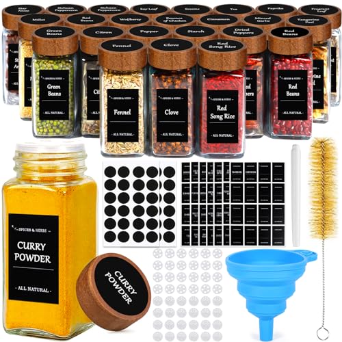 Moyksrr Barattoli Spezie, 24Pcs 120Ml Barattoli Portaspezie Quadrato Con Coperchi In Legna, Vasetti Portaspezie Vetro, Contenitori Spezie Per Cucina C