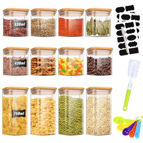 Tavada Set Di 12 Barattoli Vetro,Barattoli Spezie Cucina,430Ml/750Ml Barattoli Di Vetro,Barattoli Cucina Con Coperchio Di Bambù,Contenitori Spezie Per