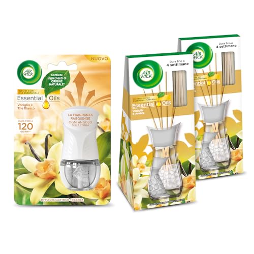 Airwick Kit Profumatori Per Ambienti: 1 Diffusore Elettrico Di Oli Essenziali, Gadget + Ricarica 1X19Ml E 2 Profumatori Per Ambienti A Bastoncini, 2X2