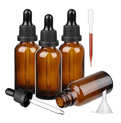 Hyber&Cara 50Ml Flaconi Bottiglie Contagocce In Vetro Ambrato Con Pipette Contagocce Per Aromaterapia Oli Essenziali, Con Imbuti + Pipette, 4 Pezzi