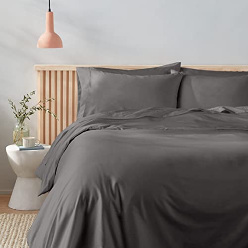 Amazon Aware - Set Copripiumino In 100% Cotone Biologico 300 Fili, 230 X 220 Cm, Grigio Scuro, Tinta Unita