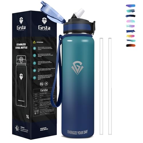 Grsta Borraccia 1 Litro, Borraccia Termica, Borraccia Palestra Con Cannuccia, Senza Bpa, Borraccia Termica Acciaio, Sottovuoto A Doppia Parete, Borrac