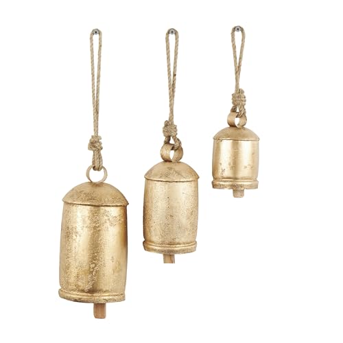 Deco 79 Campanacci Decorativi In Metallo Di Ispirazione Tibetana Con Corda Di Iuta Per Appendere, Set Di 3 10", 8", 6" H, Oro