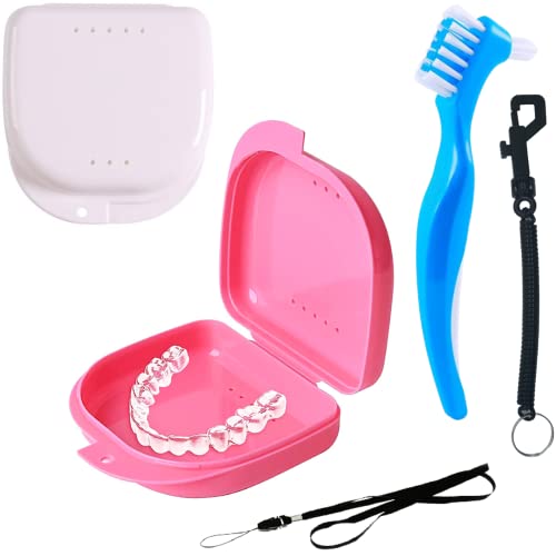 [Set 5 Pz] Spazzolino Pulizia + Custodie Porta Apparecchio Denti | Incl. Moschetone E Cordino Per Bambini | Scatola Da Viaggio Per Dentiera, Bite Dent
