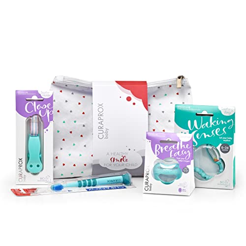 Curaprox Babygeschenkset, Türkis Mit Beissring, Nuggi, Nuggihalter Und Eine Ultraweiche Babyzahnbürste