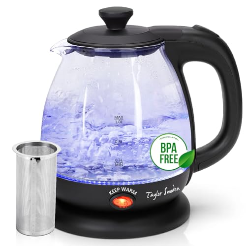 Taylor Swoden Abel - Bollitore Elettrico Da 1 Litro, Bollitore In Vetro Borosilicato 2200W, Luce Led, Funzione Di Mantenimento Caldo, Con Infusore E F