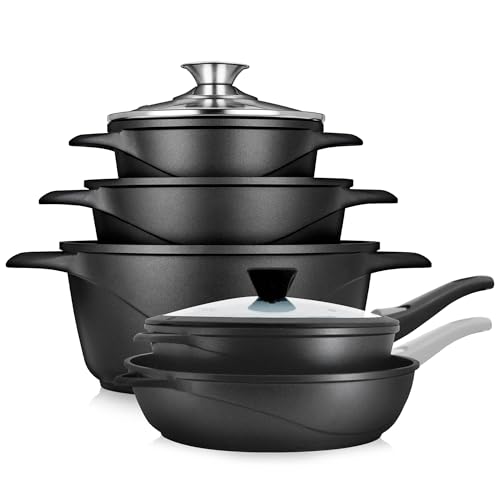 Briebe Batteria Da Cucina A Induzione, 10 Pezzi, Set Di 3 Pentole In Alluminio Pressofuso + 2 Padelle, Antiaderente Ilag Granitec Senza Pfoa, Set Di P