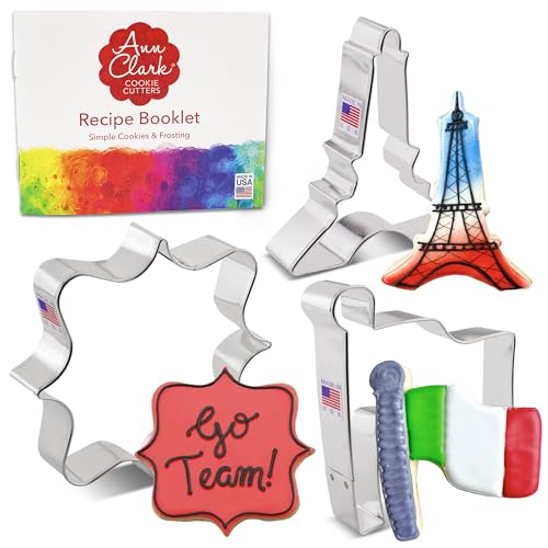 Set Da 3 Formine Per Biscotti Dei Giochi Estivi Di Parigi, Realizzati Negli Stati Uniti Da Ann Clark, Torre Eiffel, Bandiera E Targa Quadrata