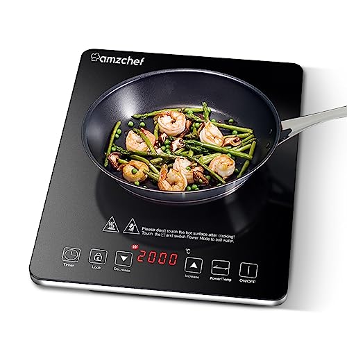 Piastra Ad Induzione,Amzchef Piano Cottura A Induzione Elettrica Con Superficie In Vetro Cristallo Nero Lucido, Design Portatile Ultrasottile, Control