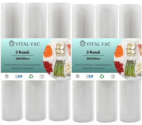 Vital Vac® 6 Rotoli Sottovuoto Goffrato Da 28X300 Cm | Per Sous Vide E Conservazione Degli Alimenti | Compatibile Con Foodsaver, Macom, Bonsenkitchen,