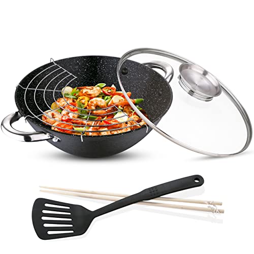 Renberg Wasabi Wok | Padella Wok Con Rivestimento In Marmo E Coperchio In Vetro | Molteplici Funzioni E Accessori | Wok In Ferro Fuso | Compatibile Pi