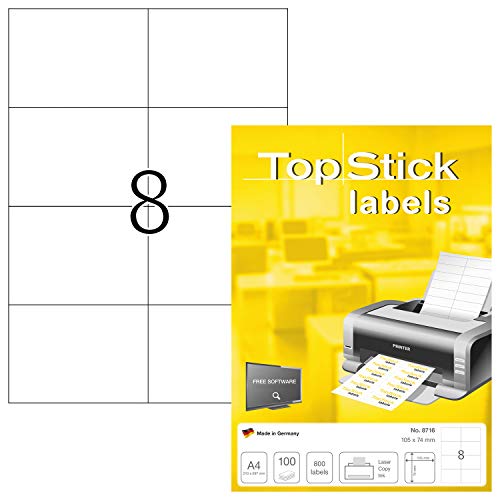 Topstick Etichette Multiuso Autoadesive, 8 Etichette Per Foglio A4, 100 Fogli, 105 X 74 Mm, 800 Etichette, Etichette Adesive Universali Vuote, Per Sta