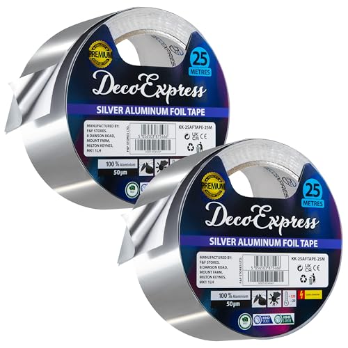 Deco Express Nastro Adesivo Di Alluminio, Foglio Di Alluminio Multiuso Per Alte Temperature 45Mm X 10/25/50M Per Sigillare, Riparare, Isolare, Argenta